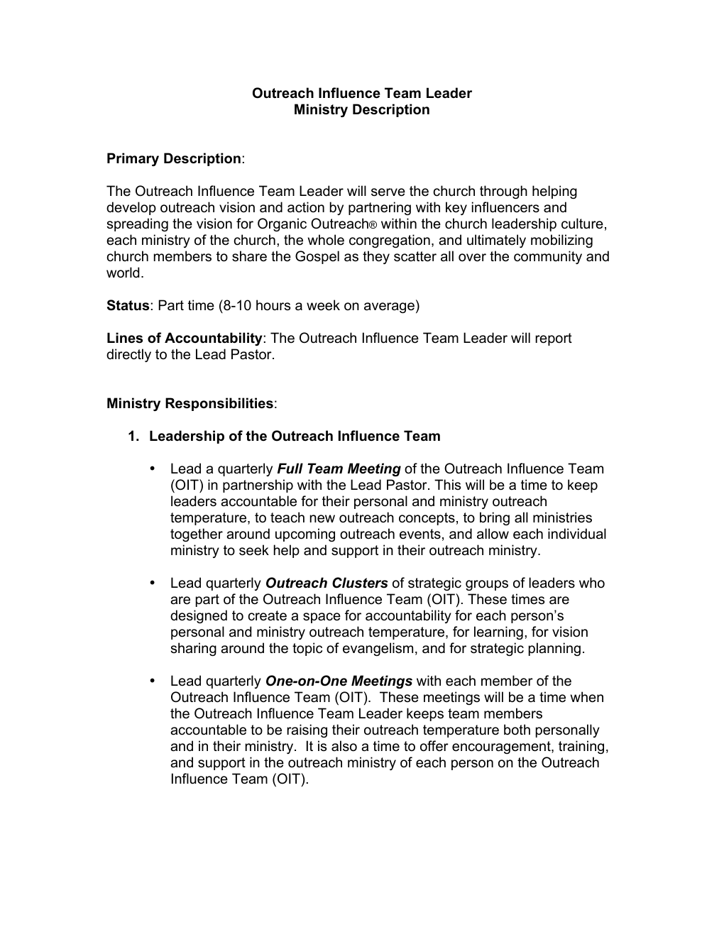 Leader Ministry Description page